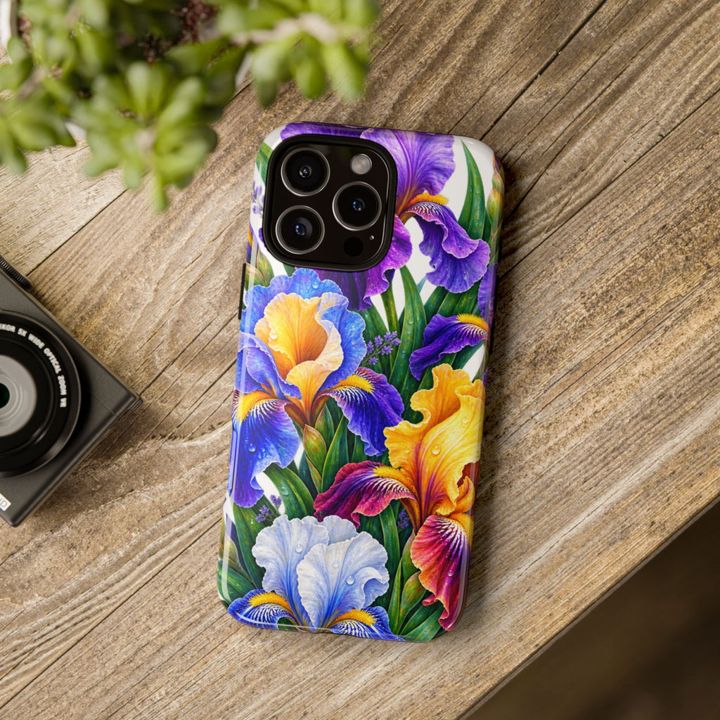 Floral Iris Tough Phone Case — Colorful Watercolor Iris Protective Cover