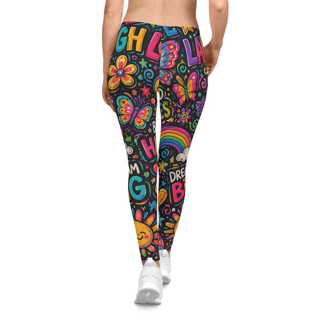Positive Vibes Pattern Leggings — Colorful Rainbow & Motivational Doodles