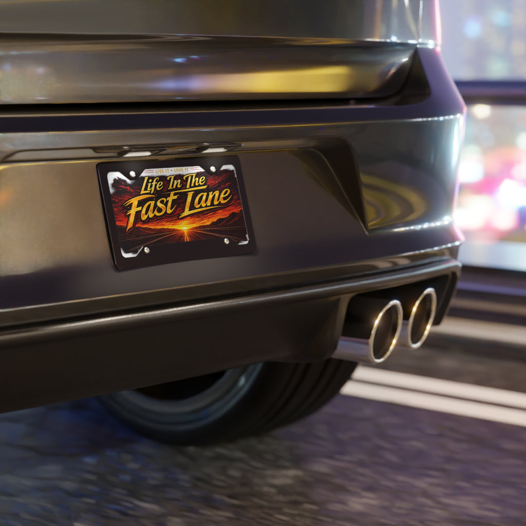 Life In The Fast Lane Vanity Plate | Sunset Road Skyline