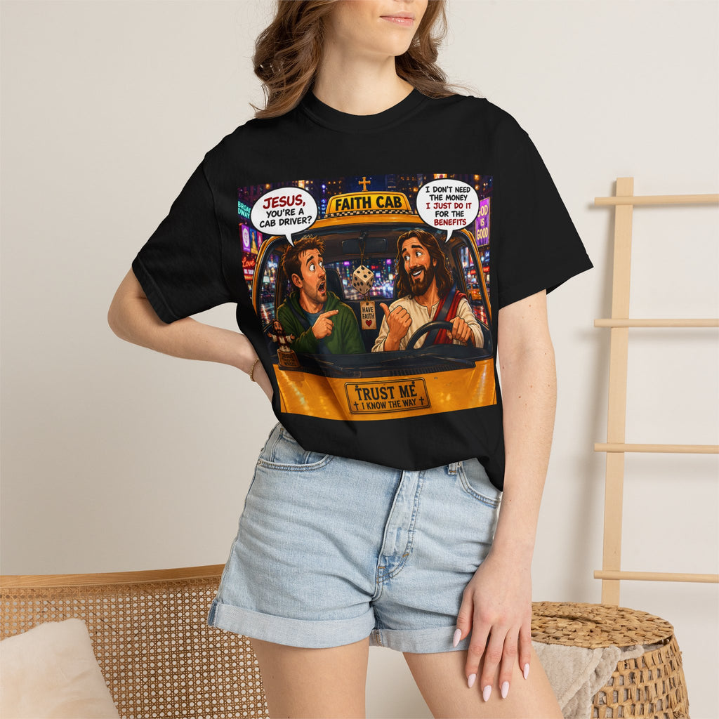Jesus Driving Cab T-Shirt — Faith Cab Comic Graphic Tee ("Trust Me")