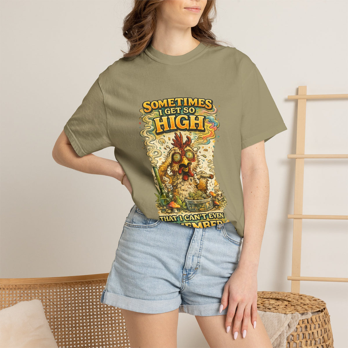 Sometimes I Get So High chicken illustration T-shirt | psychedelic farm design