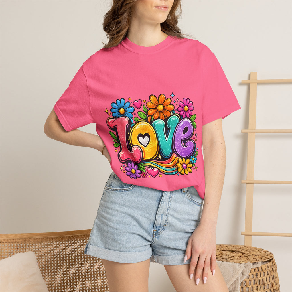 Retro Floral "Love" Design T-shirt | Colorful 70s Heart Typography