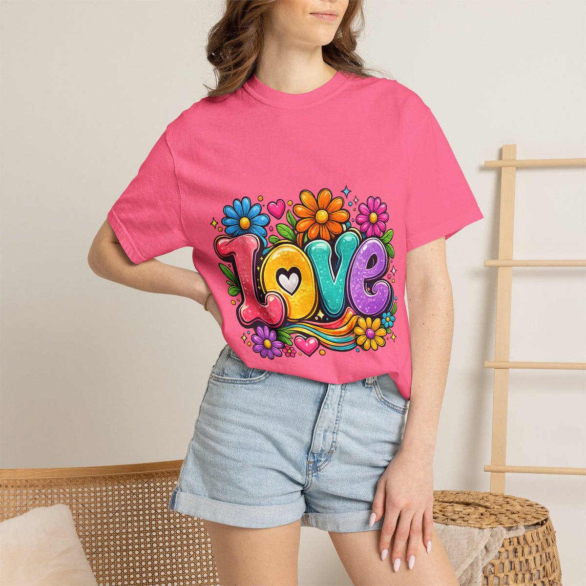 Retro Floral "Love" Design T-shirt | Colorful 70s Heart Typography
