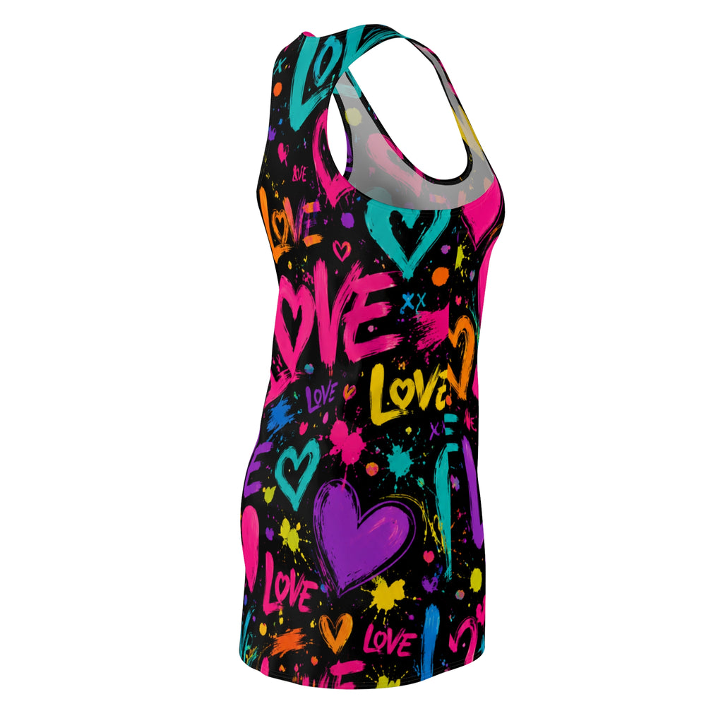 Neon Graffiti "Love" Racerback Dress — Colorful Heart Print AOP