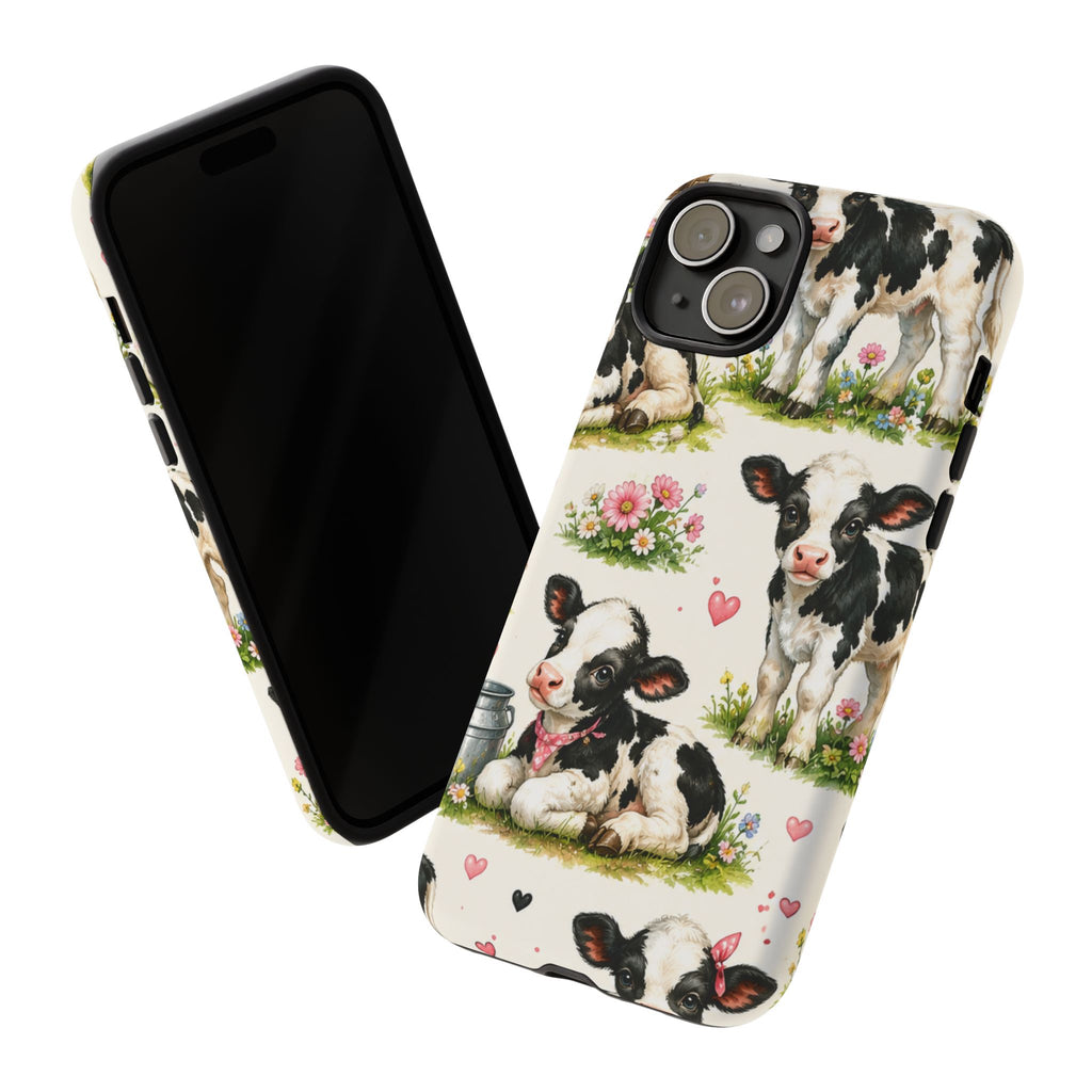 Cute Calf Pattern Phone Case – Pastel Cow Hearts & Flowers Protective Cover