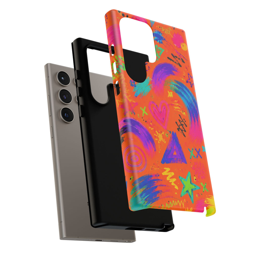 Colorful Neon Doodle Phone Case — Bright Abstract Stars & Hearts Tough Case