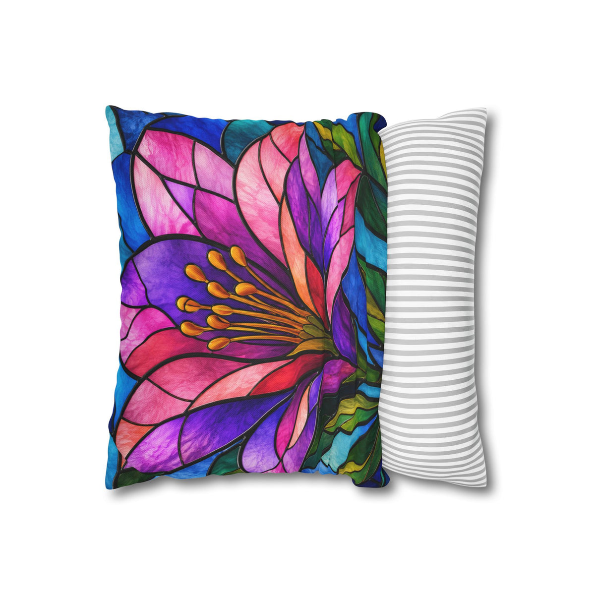 Stained Glass Floral Pillowcase — Vibrant Pink & Purple Blossom Square Cushion Cover