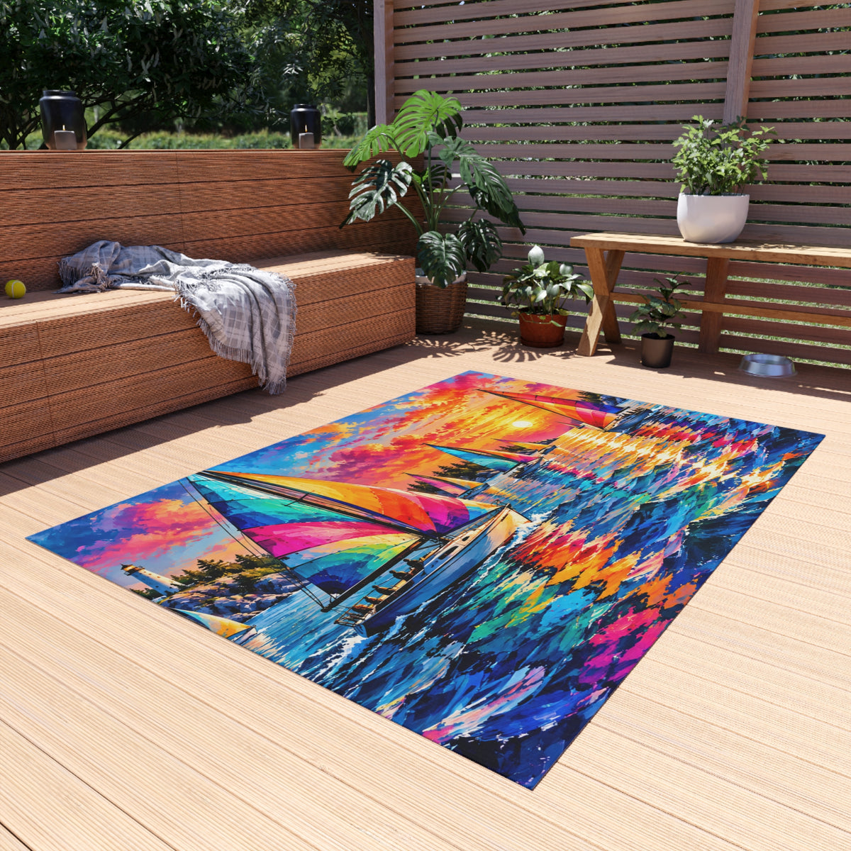 Sailboat Sunset Outdoor Rug — Colorful Nautical Patio Mat
