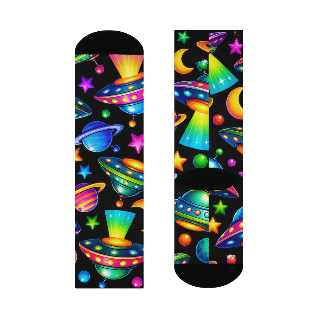 Alien UFO Crew Socks — Neon Space Pattern Cushioned Socks
