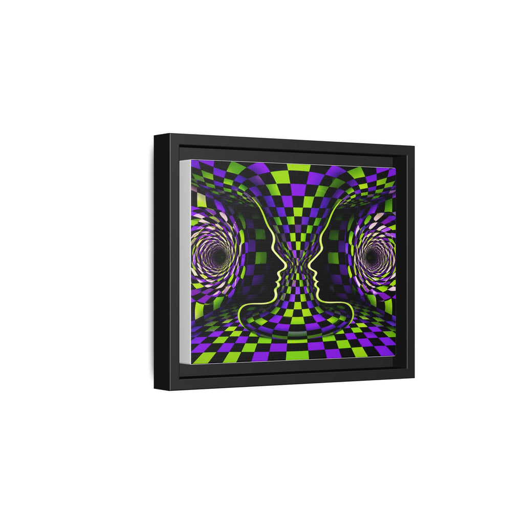 Framed Psychedelic Illusion Art Print — Abstract Checkerboard Faces (Purple & Green)