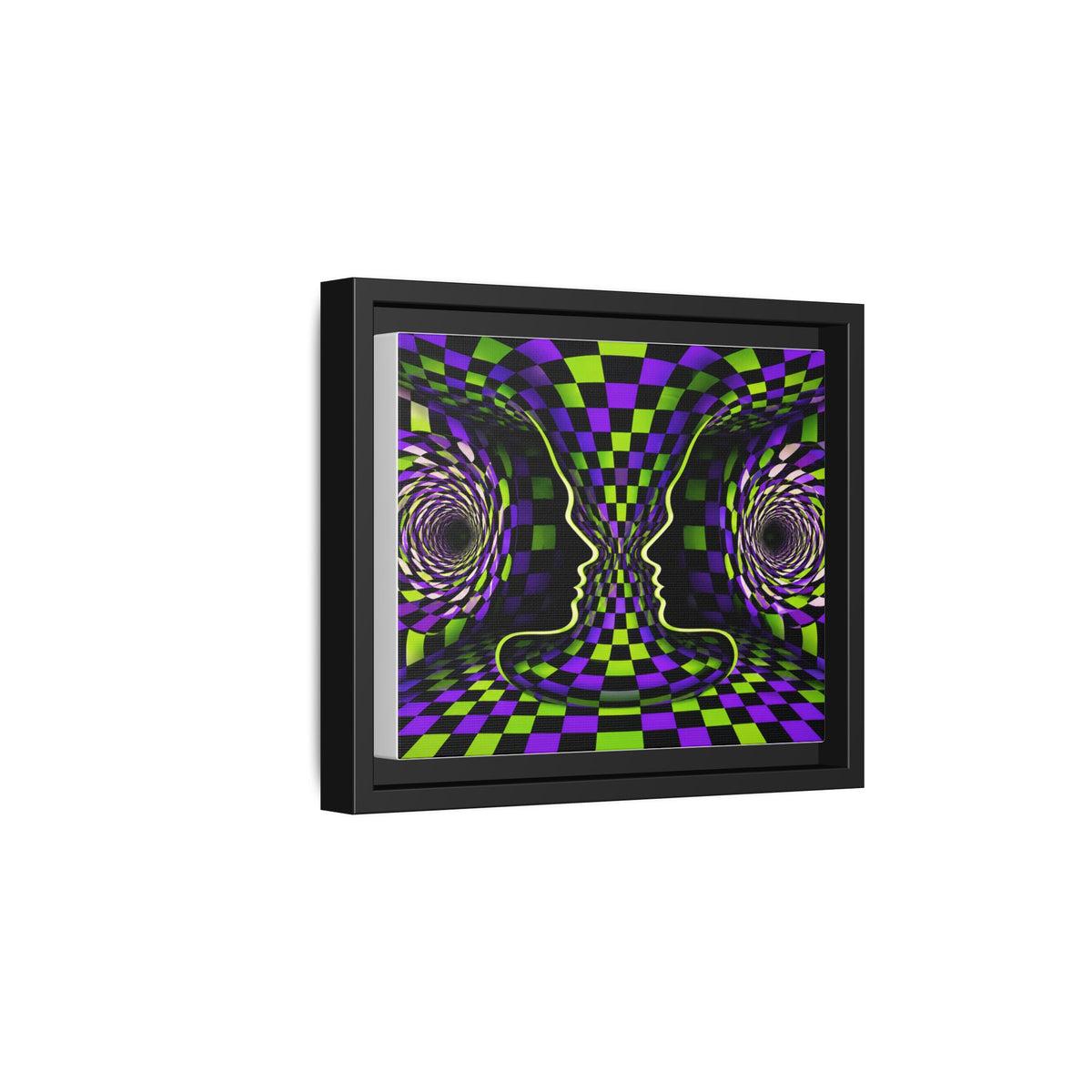 Framed Psychedelic Illusion Art Print — Abstract Checkerboard Faces (Purple & Green)