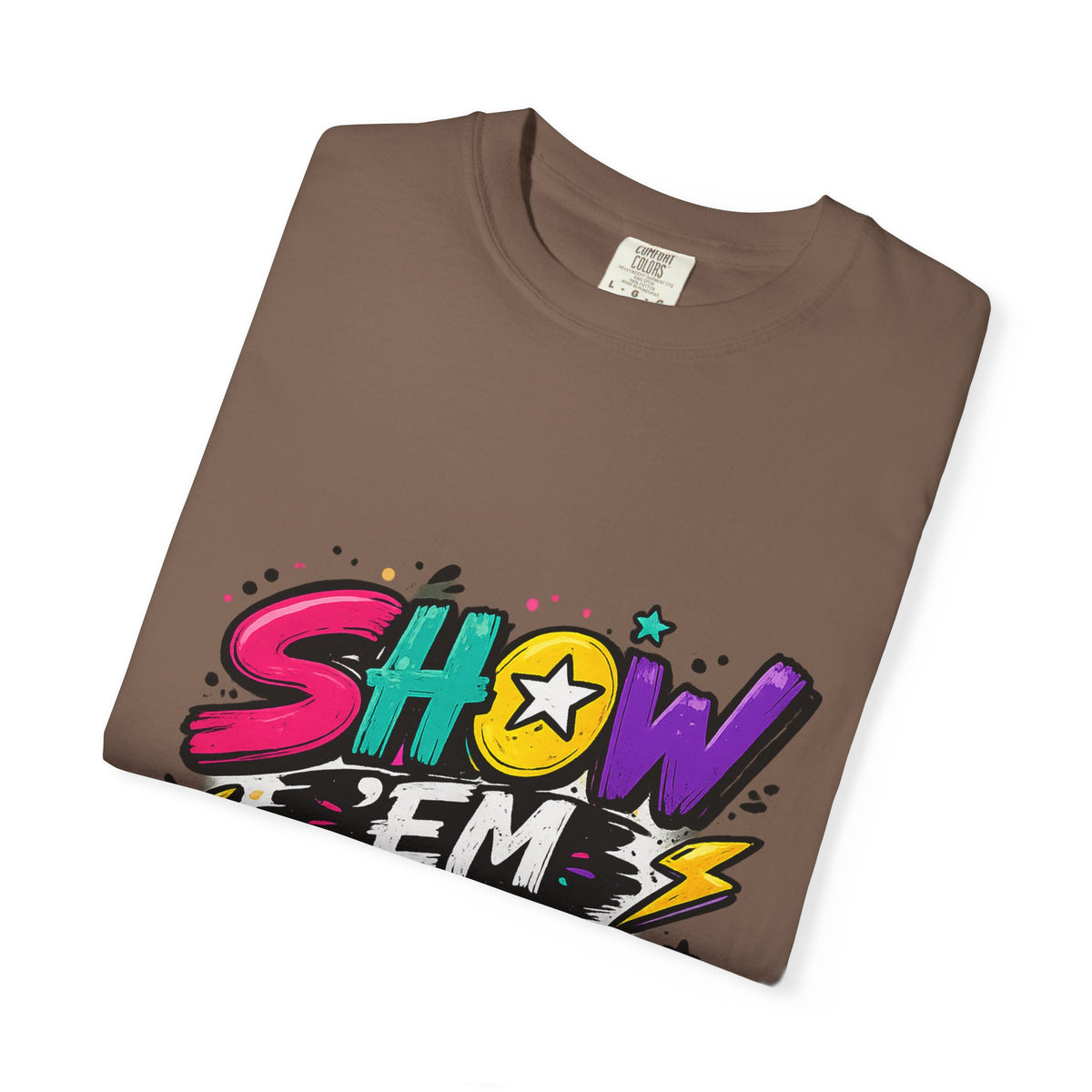 Show 'Em to Me bold pop art design T-shirt | colorful graphic tee