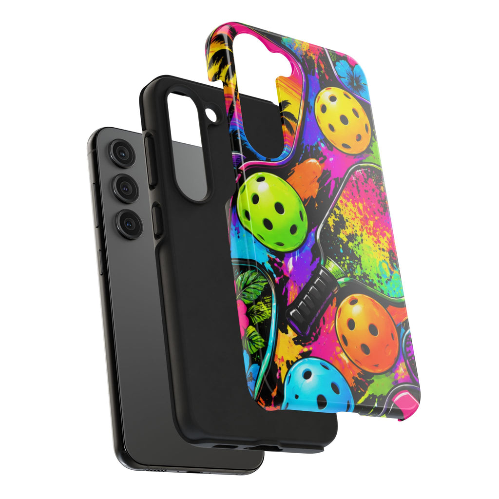 Pickleball Splash Tough Phone Case — Neon Paddle & Ball Protective Cover