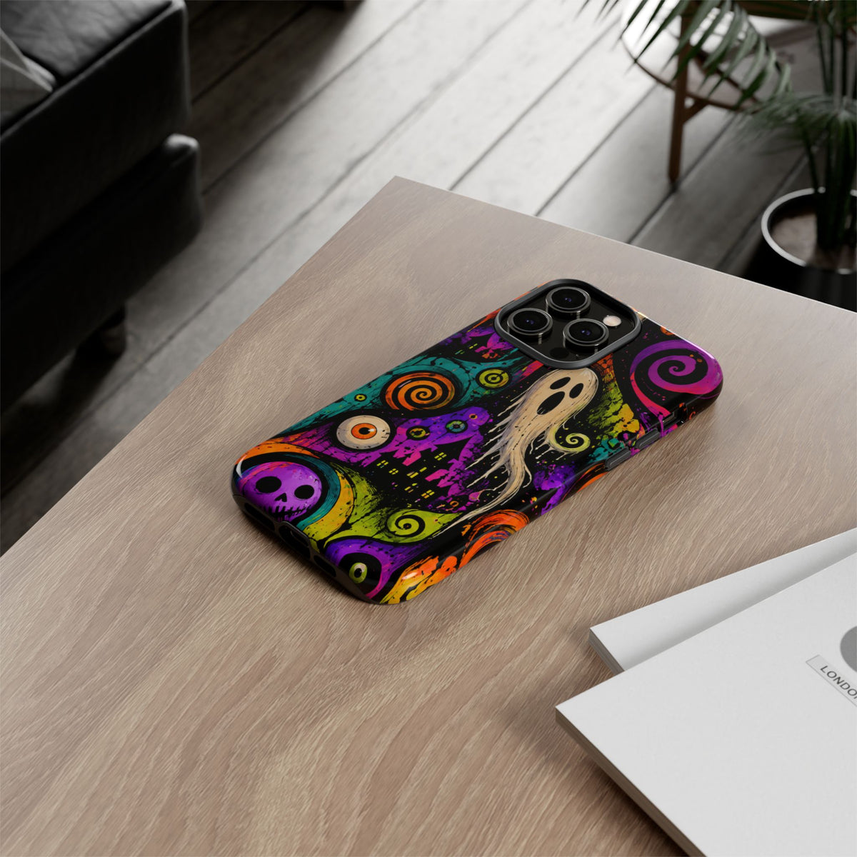 Halloween Ghost Phone Case — Colorful Spooky Skull & Haunted House Tough Case