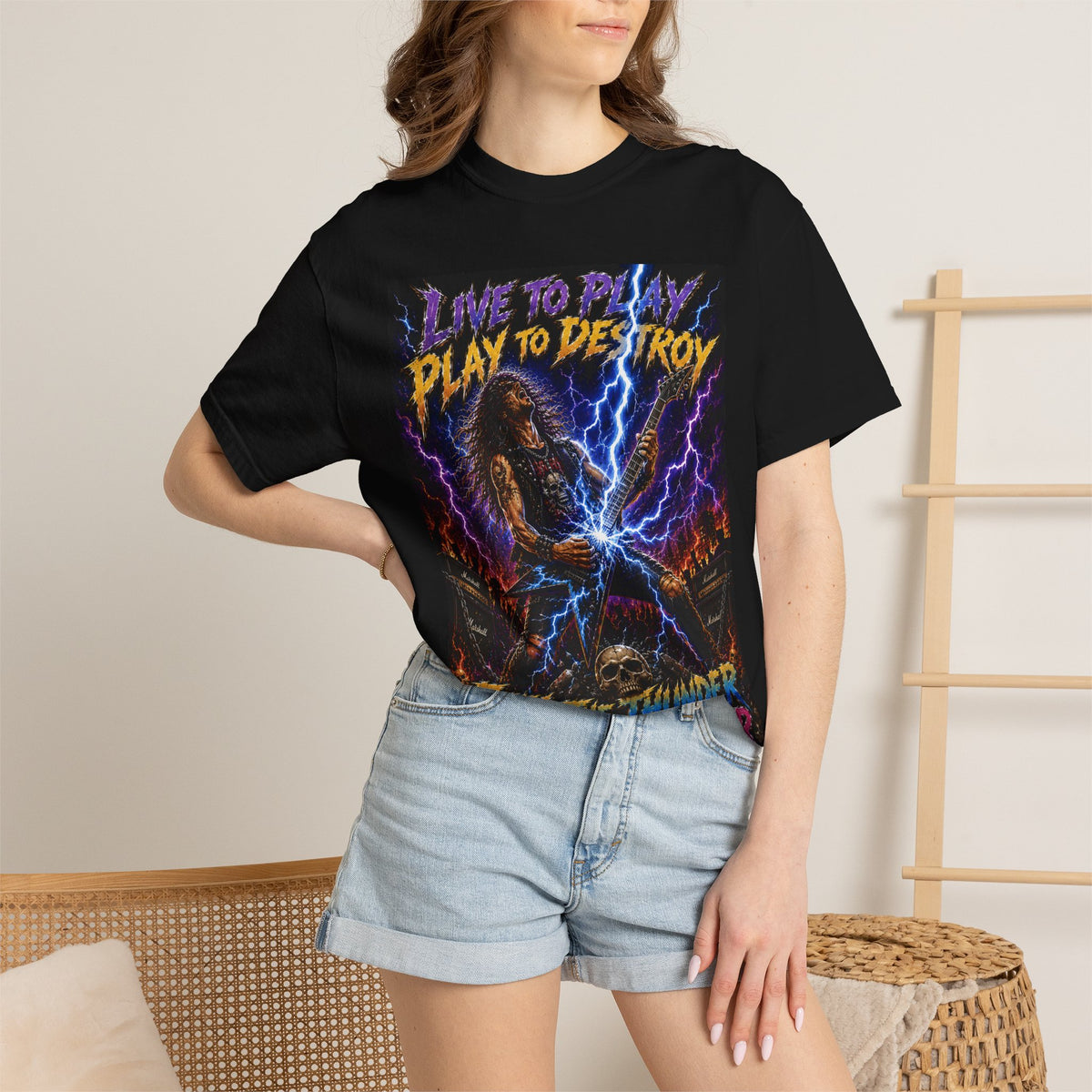 Live to Play, Play to Destroy graphic T-Shirt | Metal Lightning Rider
