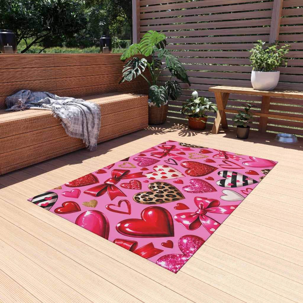Valentine Heart Pattern Outdoor Rug - Pink Hearts & Bows Patio Mat