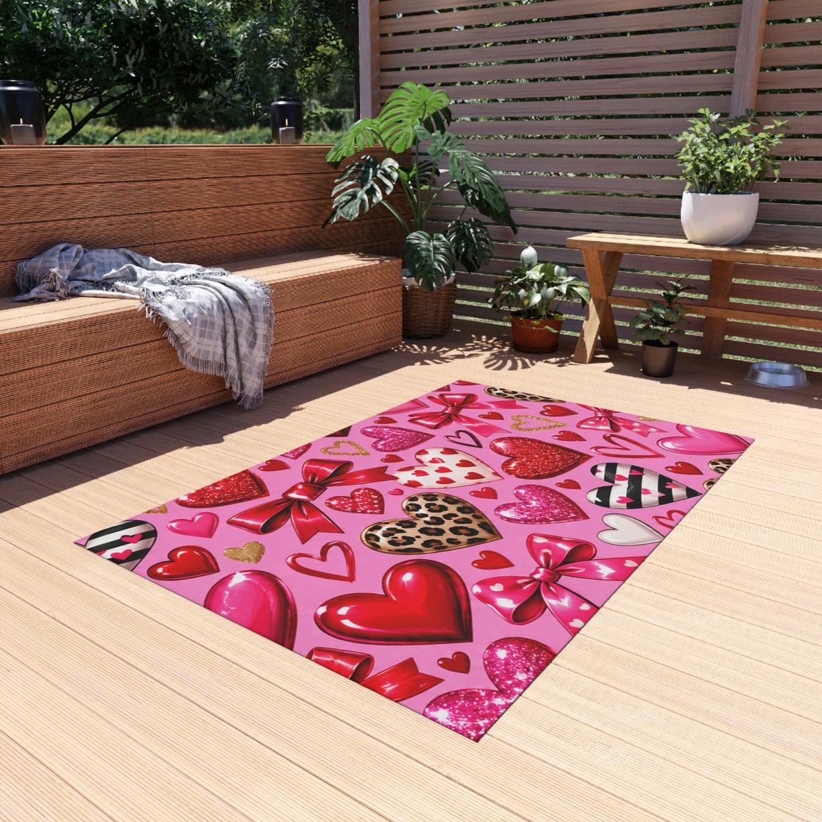 Valentine Heart Pattern Outdoor Rug - Pink Hearts & Bows Patio Mat