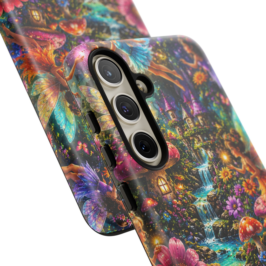 Fairy Garden Tough Phone Case — Whimsical Cottage, Waterfall & Mushroom Artwork