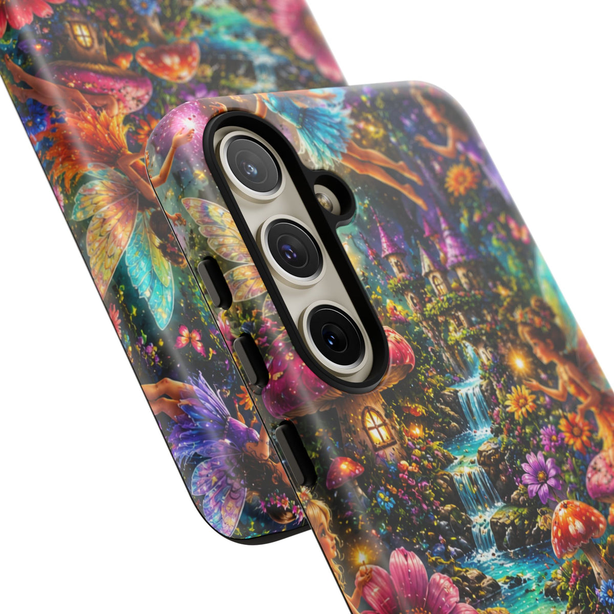 Fairy Garden Tough Phone Case — Whimsical Cottage, Waterfall & Mushroom Artwork