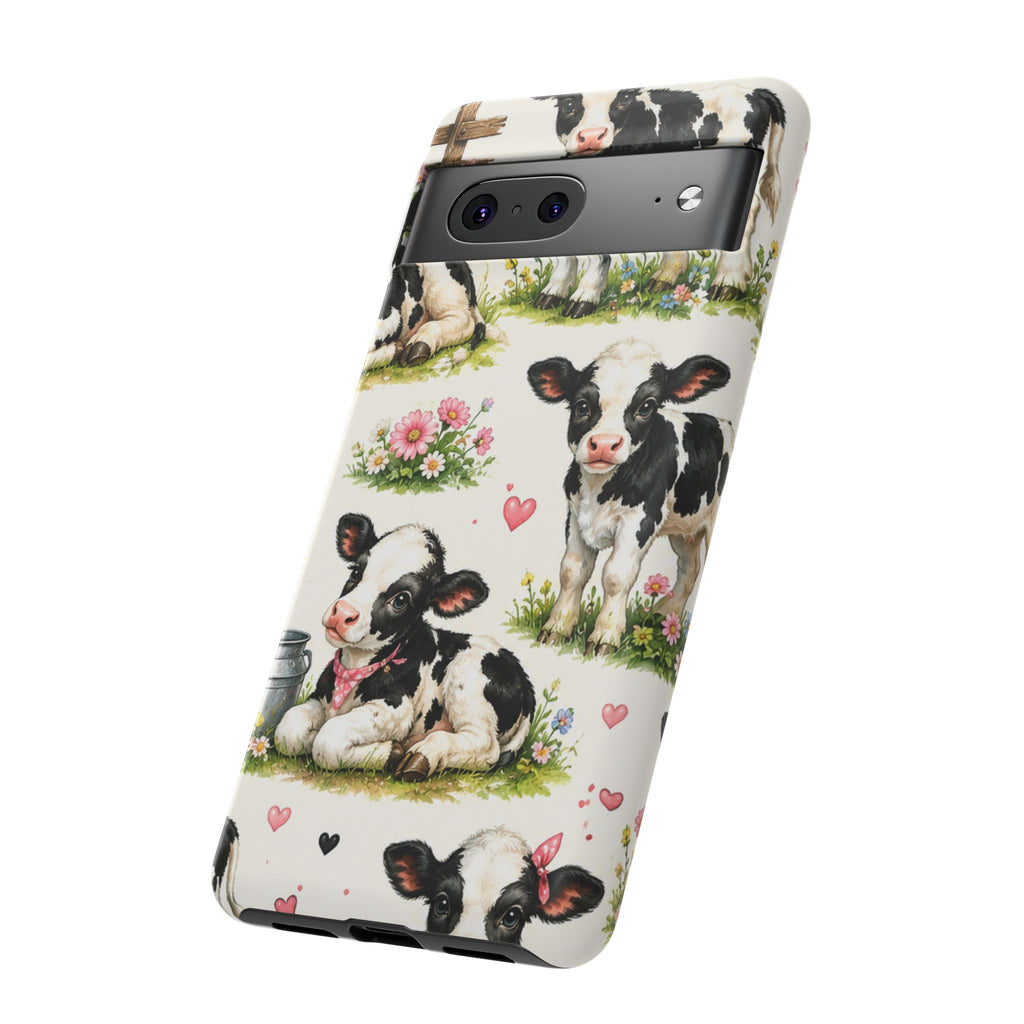 Cute Calf Pattern Phone Case – Pastel Cow Hearts & Flowers Protective Cover