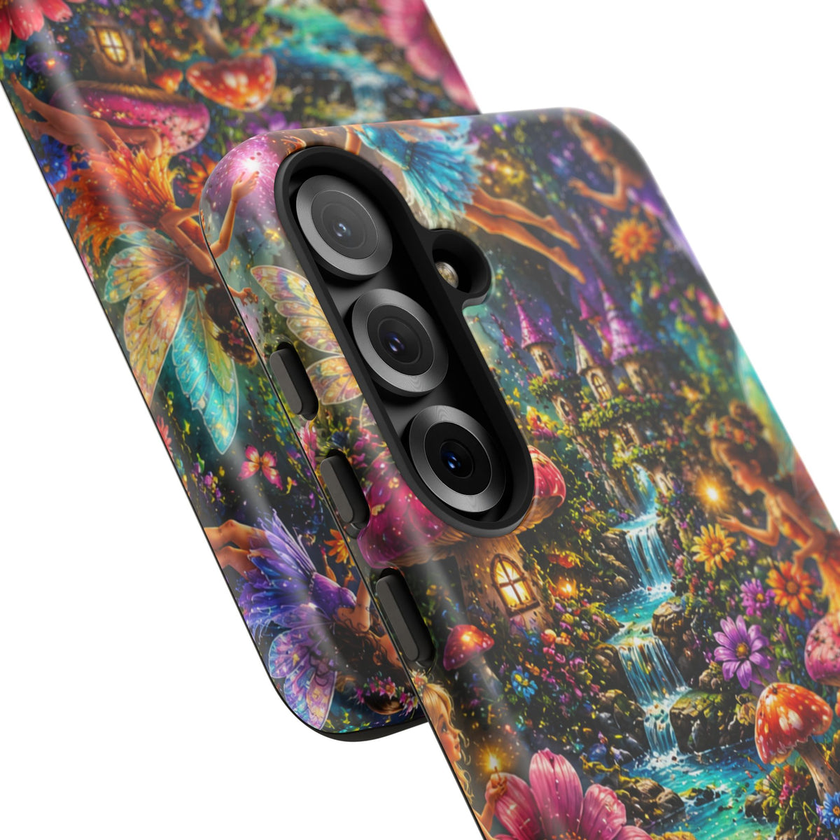 Fairy Garden Tough Phone Case — Whimsical Cottage, Waterfall & Mushroom Artwork
