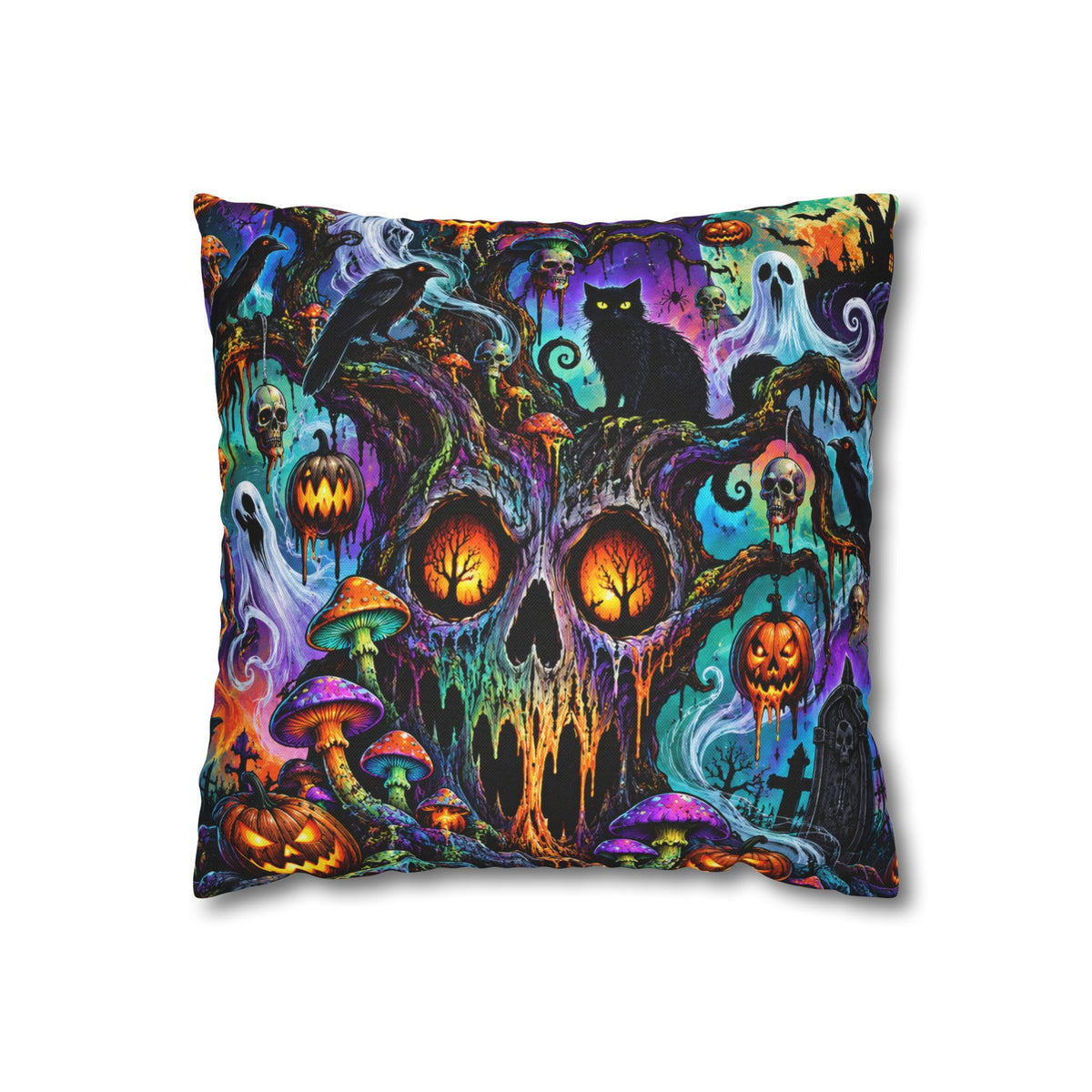 Halloween Skull & Cats Decorative Pillowcase — Spooky Pumpkin Night Throw Pillow Cover
