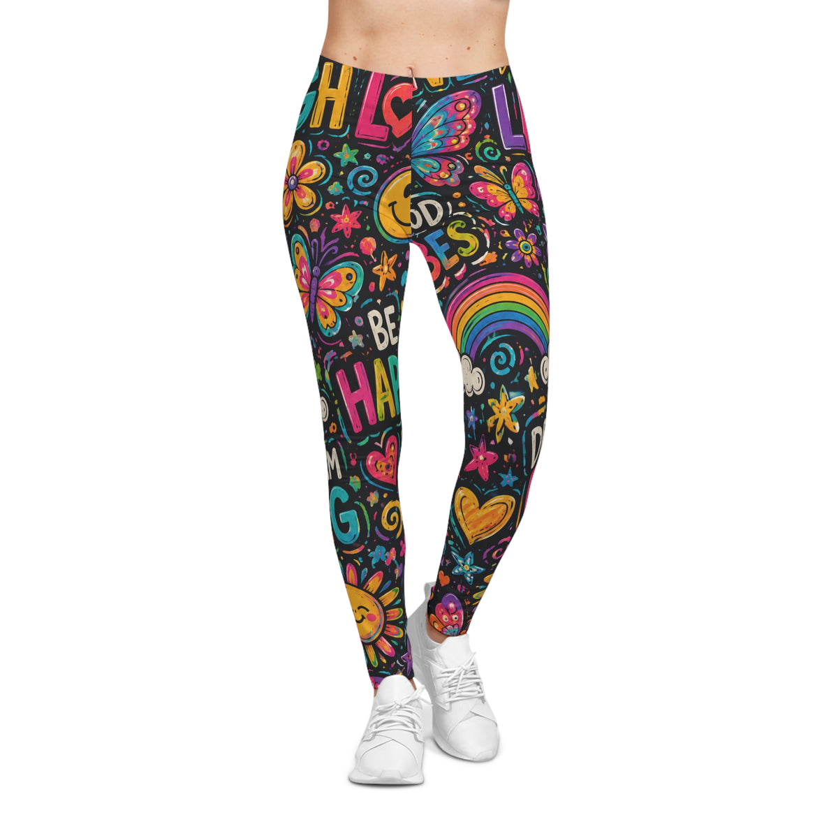 Positive Vibes Pattern Leggings — Colorful Rainbow & Motivational Doodles