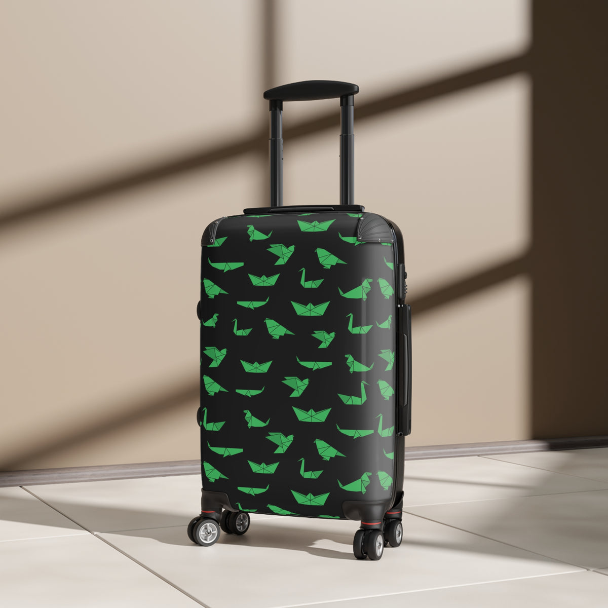 Green Paper Boat Pattern Suitcase — Lightweight Travel Luggage with Origami Boats