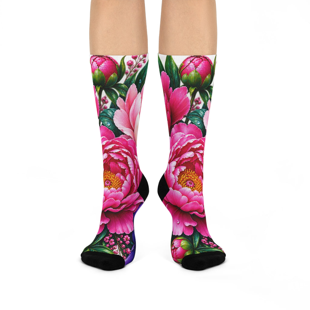 Pink Peony Floral Crew Socks — Cushioned Botanical Comfort