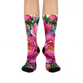 Pink Peony Floral Crew Socks — Cushioned Botanical Comfort