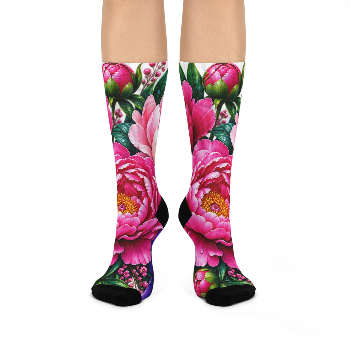 Pink Peony Floral Crew Socks — Cushioned Botanical Comfort