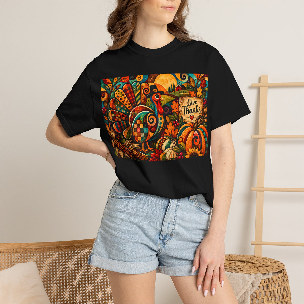 Thankful Harvest T-Shirt — Colorful Thanksgiving Turkey & Pumpkins