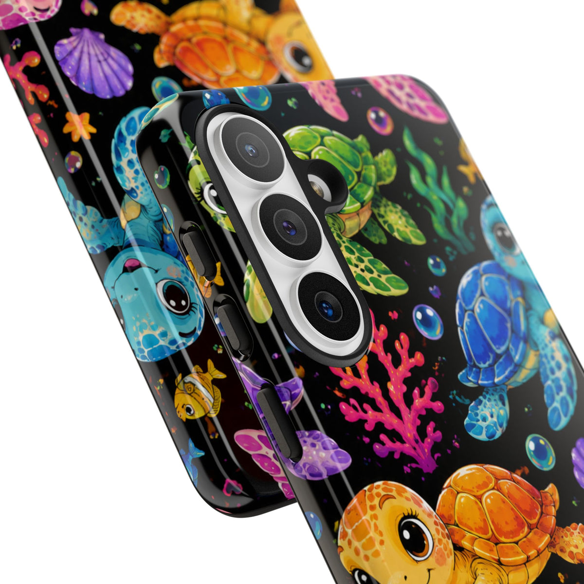 Phone Case — Colorful Cute Sea Turtles on Black (Protective Smartphone Cover)