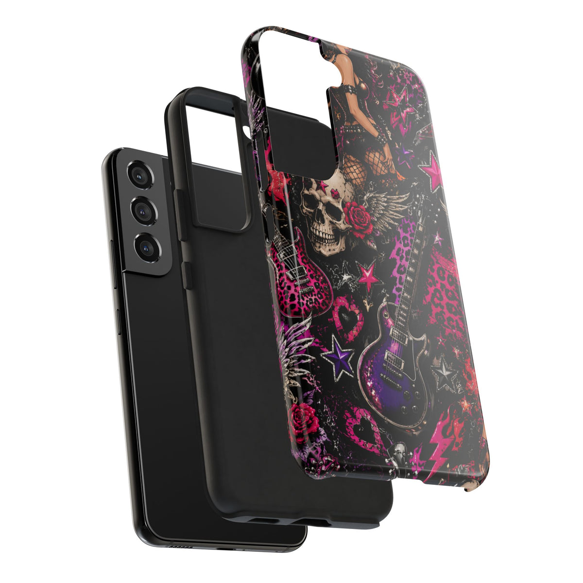 Rock Skull Guitar Phone Case — Edgy Pink Skull & Roses Tough Phone Case