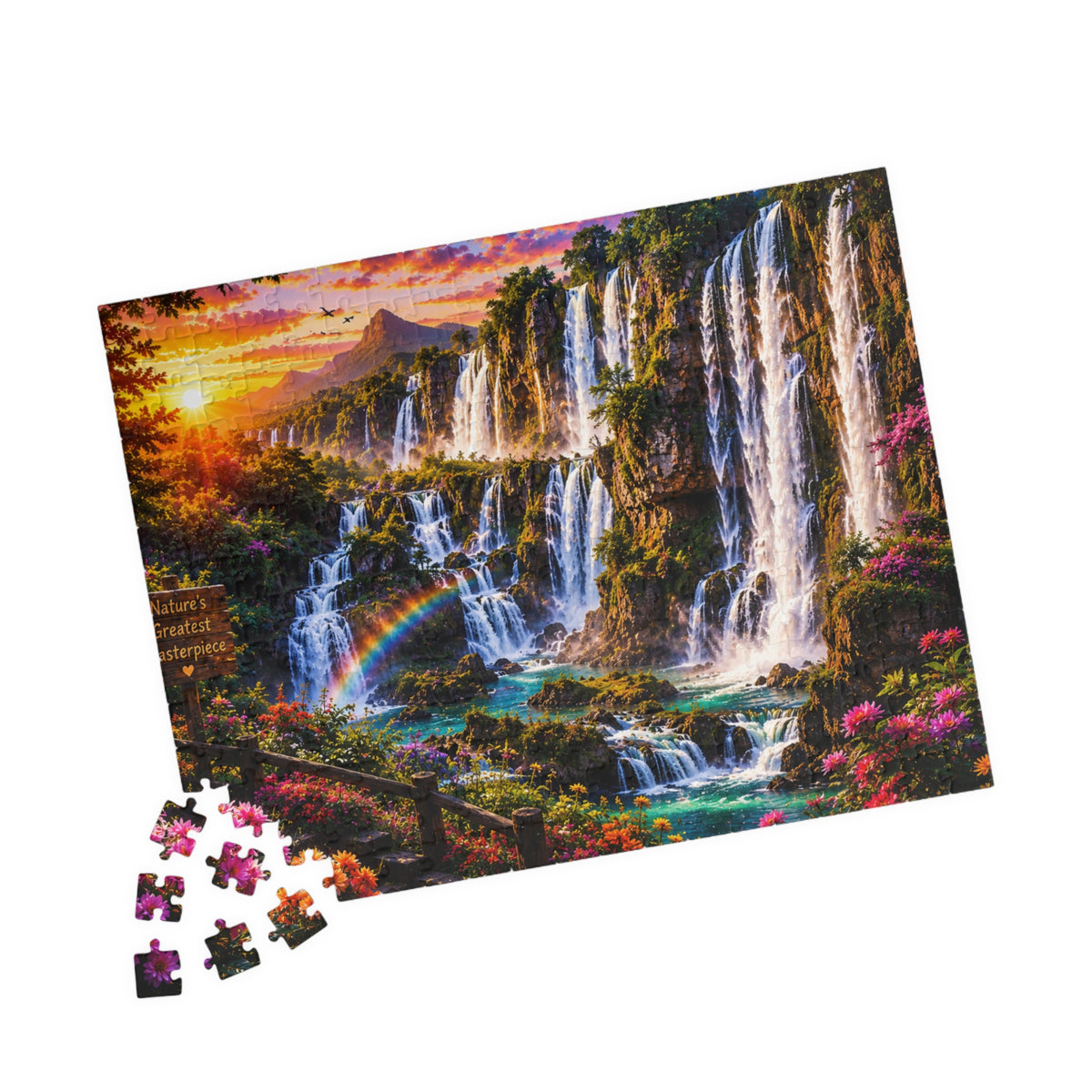 Waterfall Landscape Jigsaw Puzzle — Scenic Rainbow Sunset 110–1014 Piece