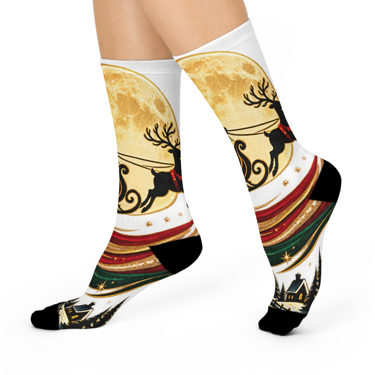 Christmas Santa Sleigh Crew Socks — Moonlit Reindeer Holiday Cushion Socks