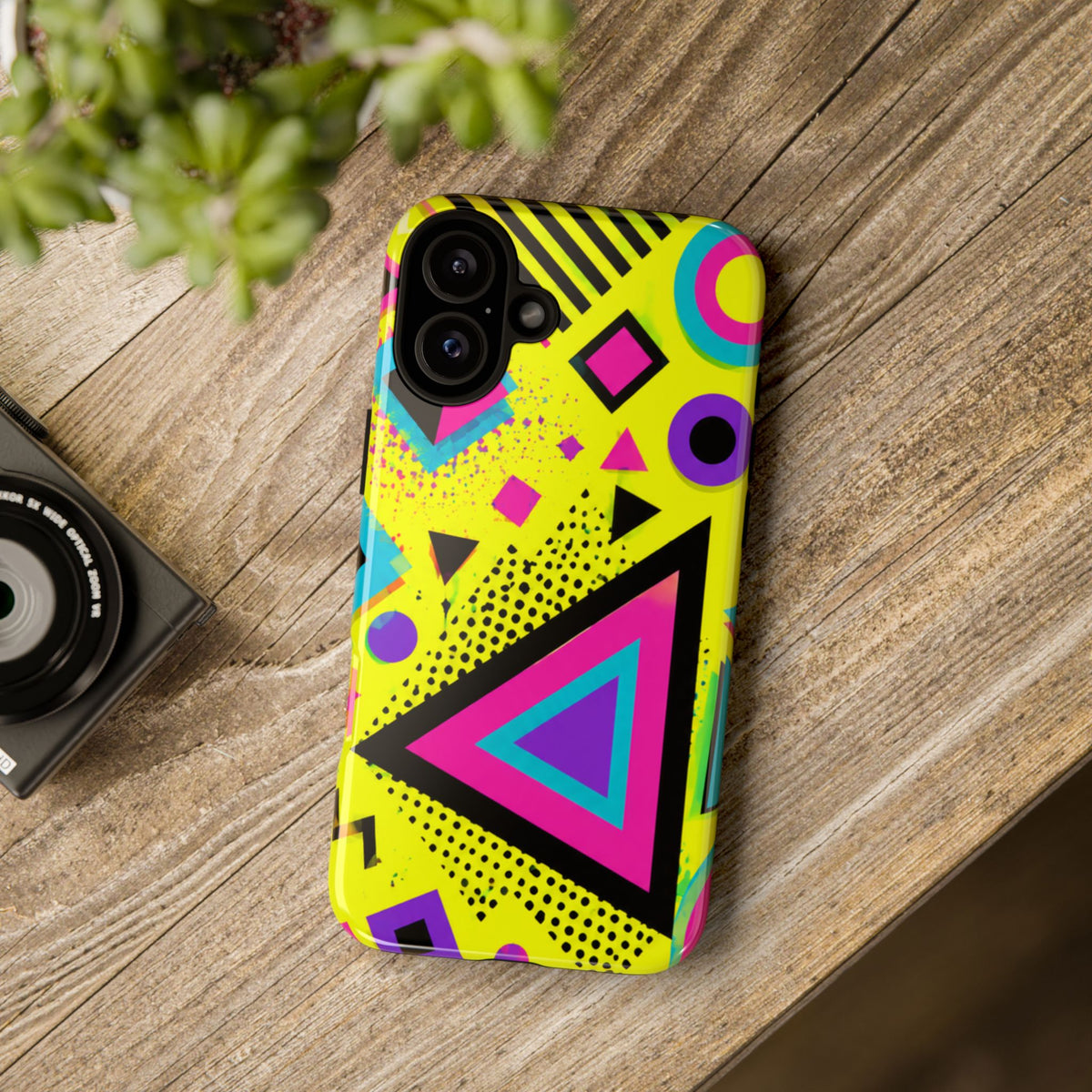 Retro 80s Geometric Phone Case — Neon Memphis Triangle Design