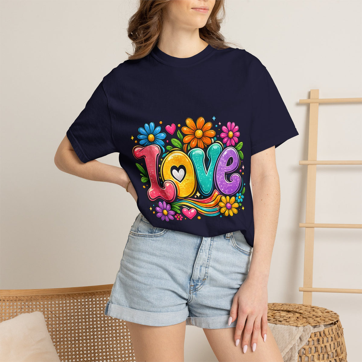 Retro Floral "Love" Design T-shirt | Colorful 70s Heart Typography