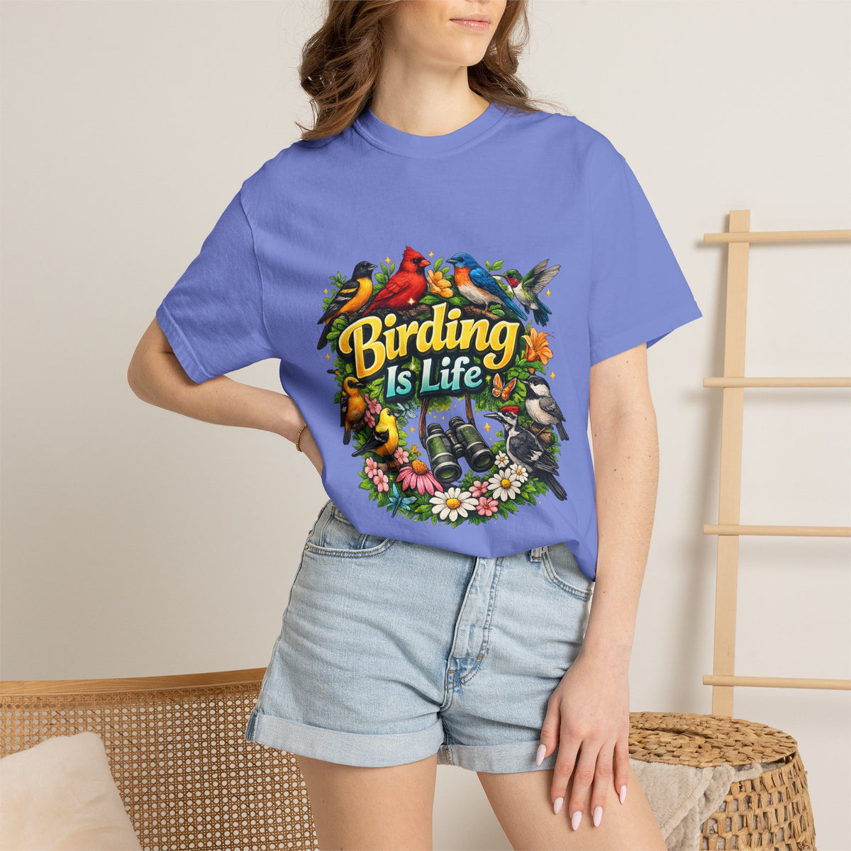 Birding Is Life T-shirt | Colorful Songbirds, Binoculars, Floral Design