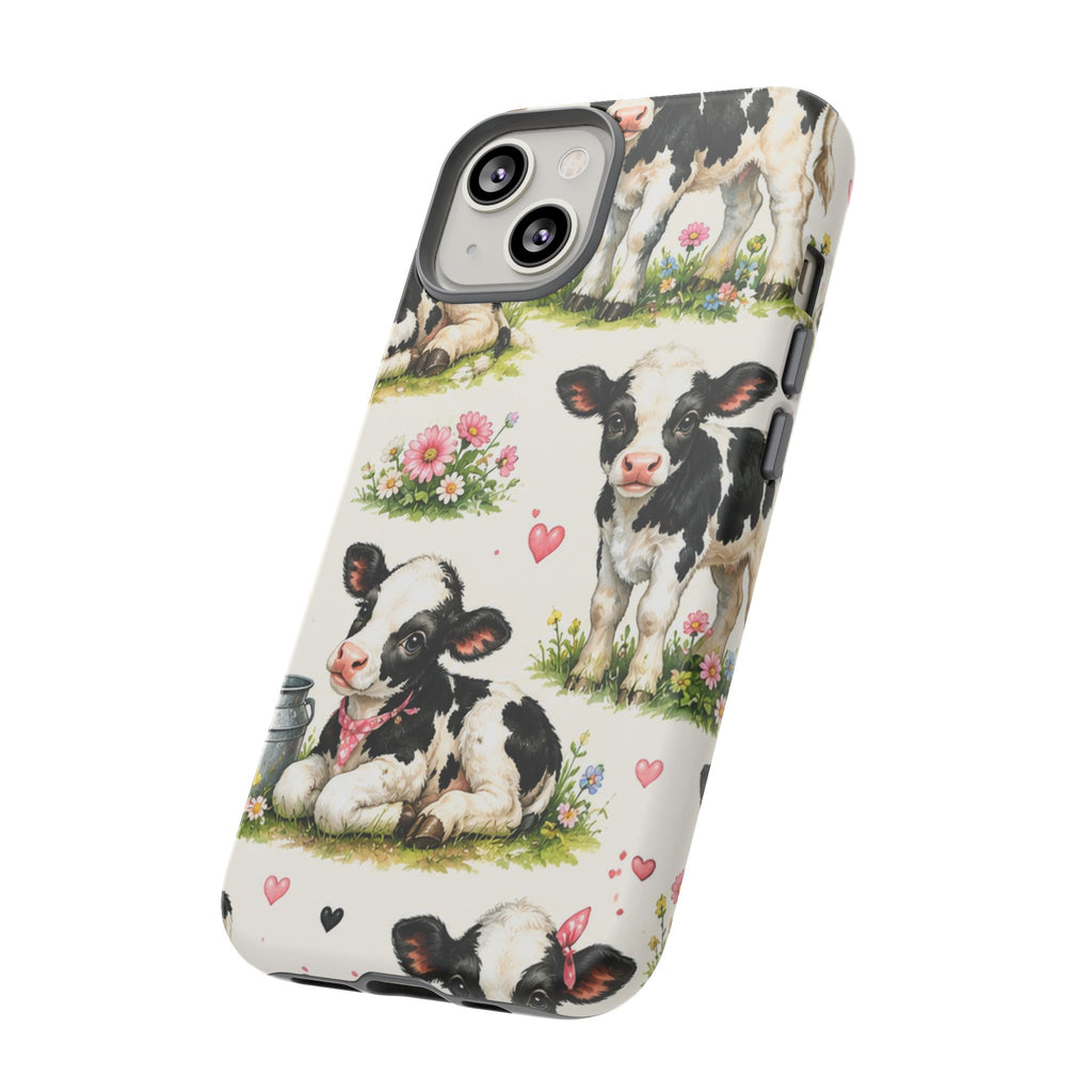 Cute Calf Pattern Phone Case – Pastel Cow Hearts & Flowers Protective Cover