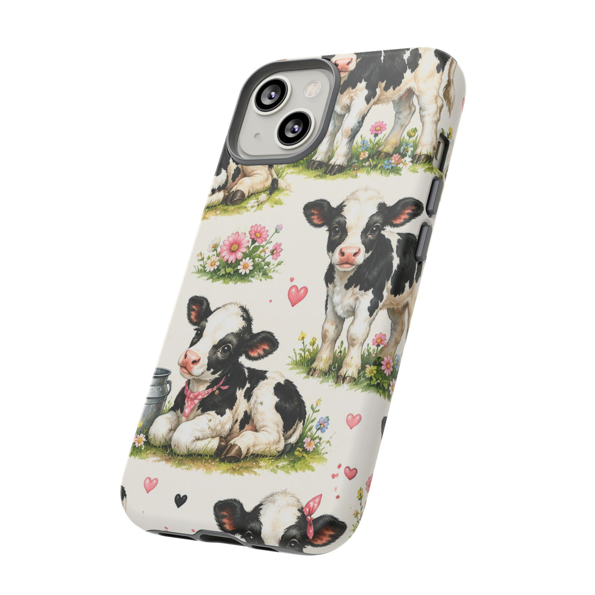 Cute Calf Pattern Phone Case – Pastel Cow Hearts & Flowers Protective Cover