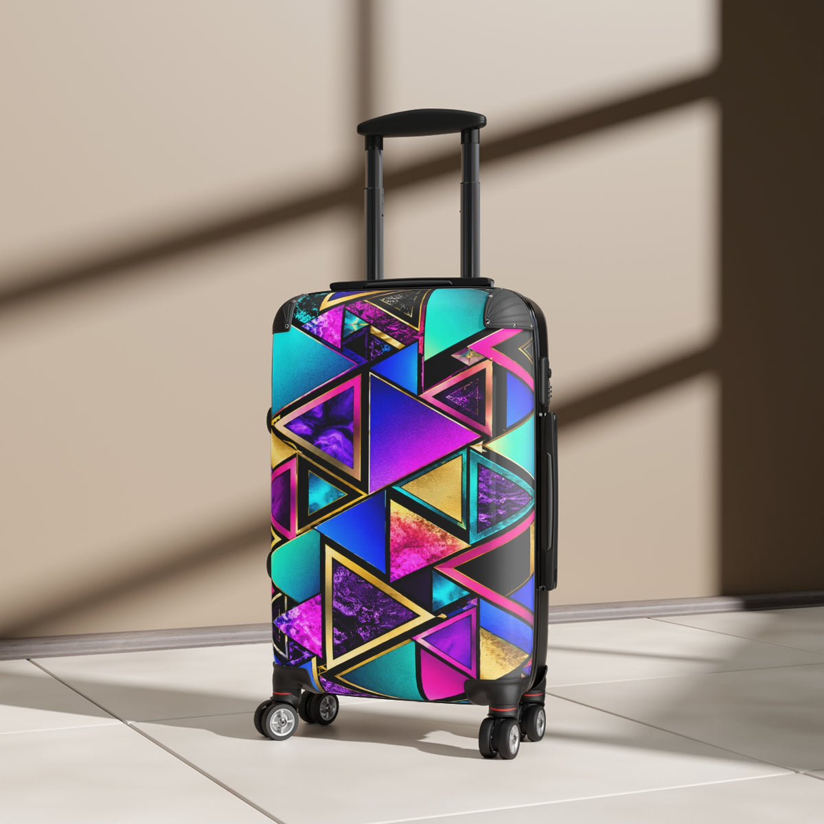 Geo Neon Triangle Carry-On Suitcase — Colorful Travel Luggage