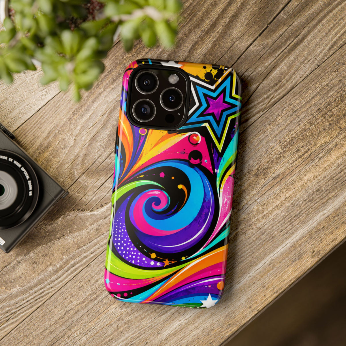 Psychedelic Swirl Phone Case — Bold Retro Stars & Neon Pop Art Tough Case