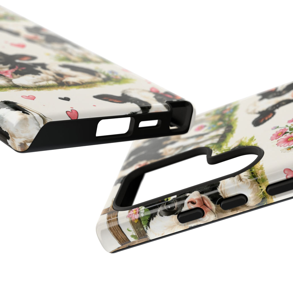 Cute Calf Pattern Phone Case – Pastel Cow Hearts & Flowers Protective Cover
