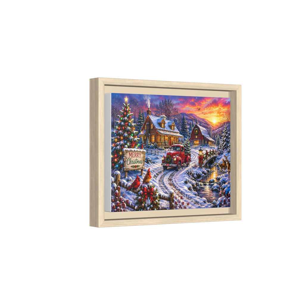 Cozy Vintage Christmas Truck Framed Canvas – "Merry Christmas" Winter Cabin Scene