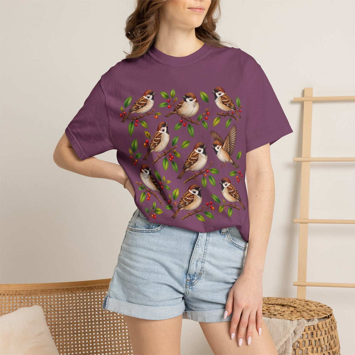Sparrow Branches T-Shirt — Vintage Bird Illustration Tee for Bird Lovers & Nature Fans