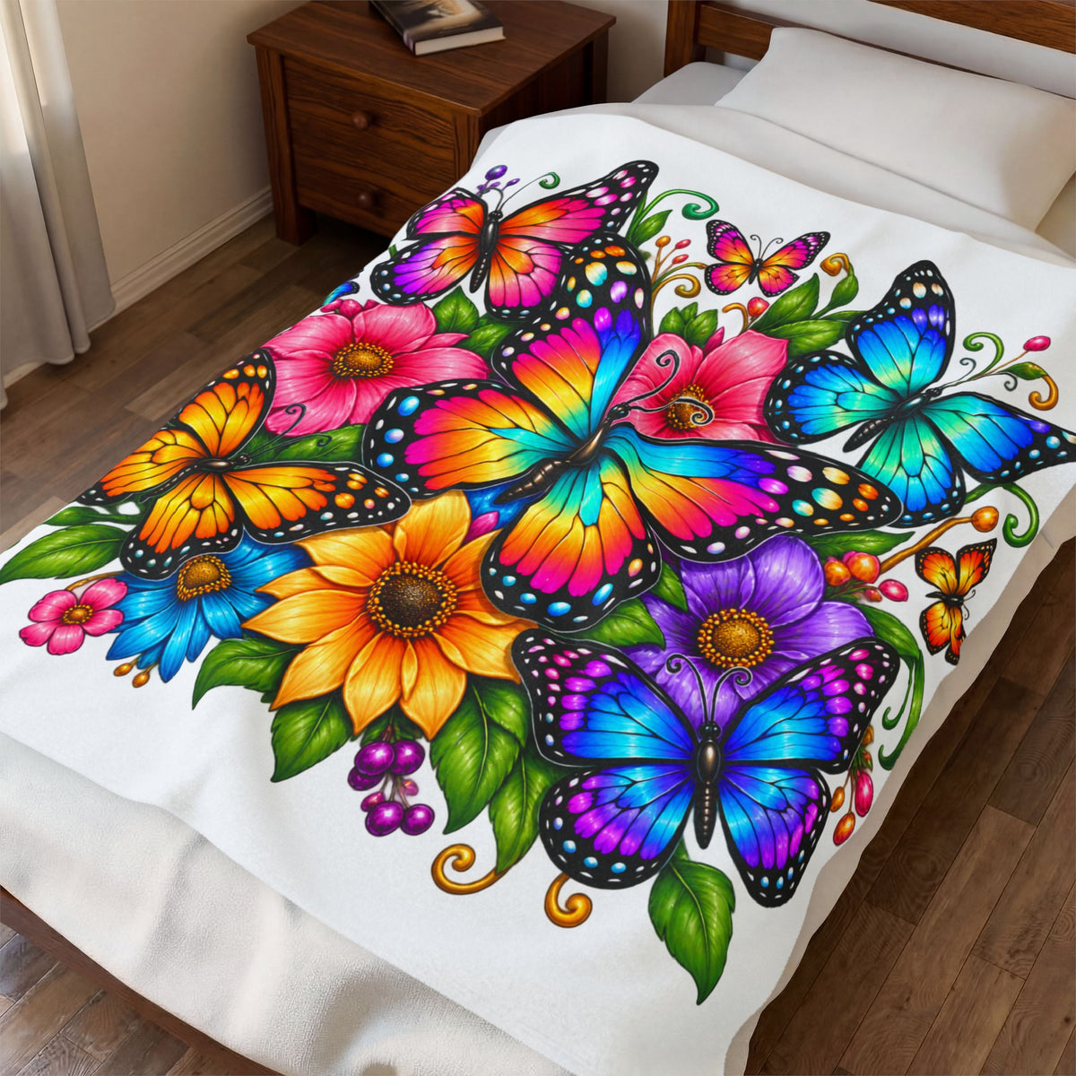 Butterfly Garden Velveteen Plush Blanket — Vibrant Rainbow Butterflies & Flowers Throw