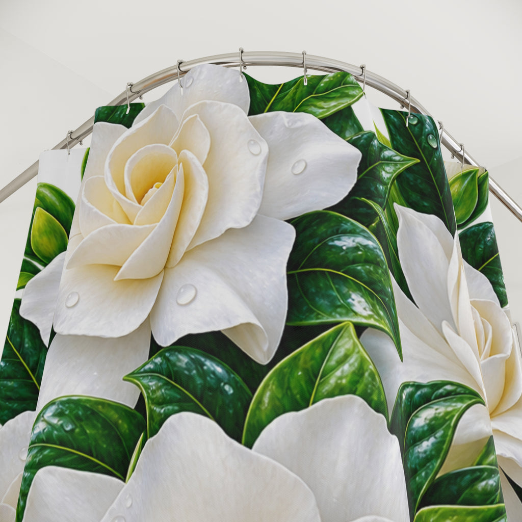White Gardenia Floral Shower Curtain | Botanical Bathroom Decor