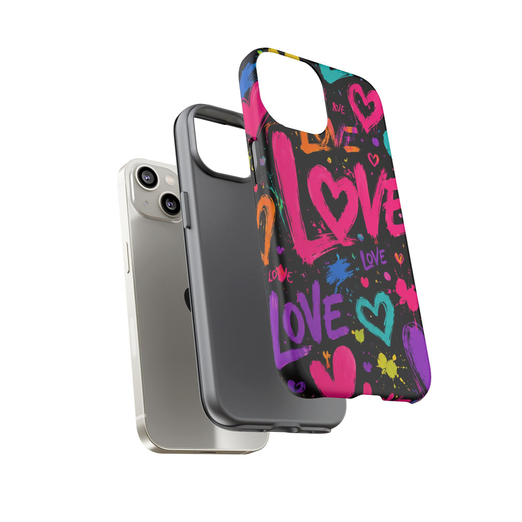 Phone Case — Neon Graffiti "Love" Hearts Protective Tough Case