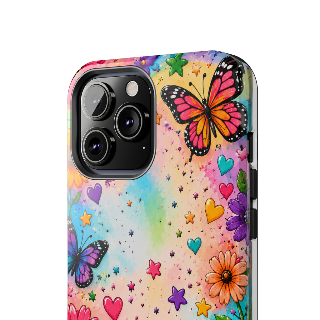 Colorful Butterflies and Flowers Tough Phone Case | Rainbow Hearts Stars